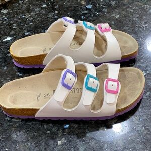 Birkenstock Florida White Sandals - Size 7-7.5 Purple, Pink and Blue Buckles